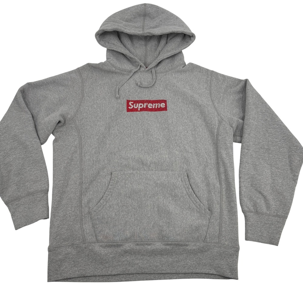 Supreme Swarovski Box Logo Hoodie Mens Medium Heather Grey SS19 25th Anniversary